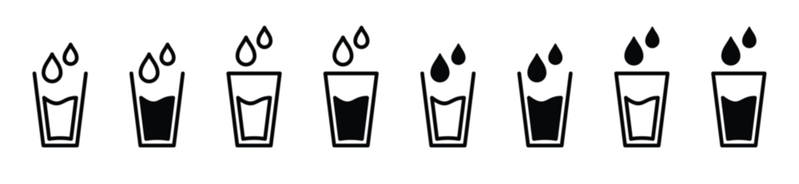Drinking water drops glass icon set. Water glass or cup water icon symbol. Glass of drink water symbol in the restaurant or cafe, vector illustration