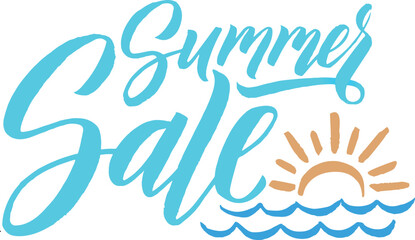 Handwritten summer sale logo with hand drawn ocean sunrise