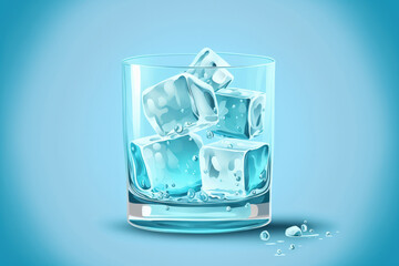 Crystal clean water and ice cubes in a glass with a blue background. nutritious water that is refreshing on hot days. Generative AI