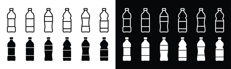 Plastic bottle icon set. Black plastic bottle symbol in line and flat style. Mineral water bottles icons collection, vector illustration