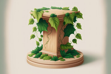 Empty wooden pedestal with green ivy leaves, presentation of an organic, eco friendly product, and a light beige background. Generative AI