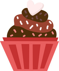 Valentine's day icon, vector, cartoon illustration. Cupcake with chocolate sprinkles and heart-shaped white chocolate on top. It can be used for social media, greeting cards, presentations