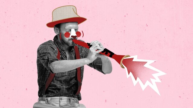 Contemporary art collage of young man in hat playing drawn trumpet over pink background. Concept of music, creativity, inspiration, imagination, ad