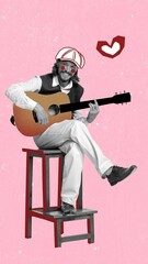 Creative portrait of stylish man, musician playing guitar, performing. Mix photography and illustration. Concept of retro style, music lifestyle, contemporary design