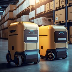 Fototapeta modern forklift truck, robot or cybrog working in warehouse. Future Innovation. Generative AI obraz