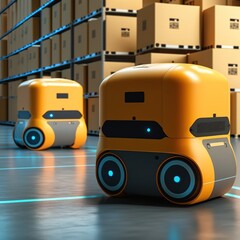 modern forklift truck, robot or cybrog working in warehouse. Future Innovation. Generative AI - obrazy, fototapety, plakaty