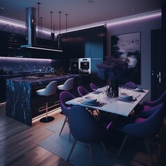 Modern contemporary luxury interior design, a combination of dark wall color and furniture . 3d rendering of the dining room, generative AI - obrazy, fototapety, plakaty