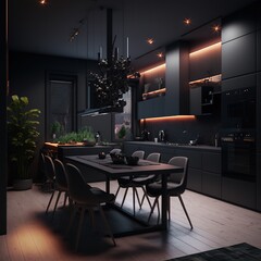 Modern contemporary luxury interior design, a combination of dark wall color and furniture . 3d rendering of the dining room, generative AI - obrazy, fototapety, plakaty