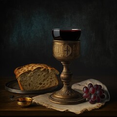 Holy communion on wooden table on church.Taking holy Communion.Cup of glass with red wine, bread.The Feast of Corpus Christi. Generative AI. - obrazy, fototapety, plakaty