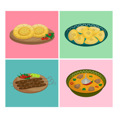 Set of dishes of Caucasian cuisine. Traditional Asian food. Fast food, street food. Vector illustration. Cartoon.