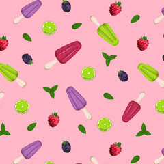 Bright pattern with fruit and Mexican Paletas ice cream on a pink background. Cool summer Latin American dessert with berries. Vector illustration. Cartoon.