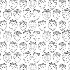白黒線画いちごが均等に配置されたシームレスパターンのベクターイラスト素材