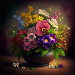 bouquet of colorful field flowers in a vase, generative AI  - obrazy, fototapety, plakaty