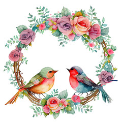  Wreath valentine with birds . Transparent background. Generative AI