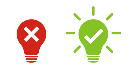 Bulb icon with check mark and cross. Illustration