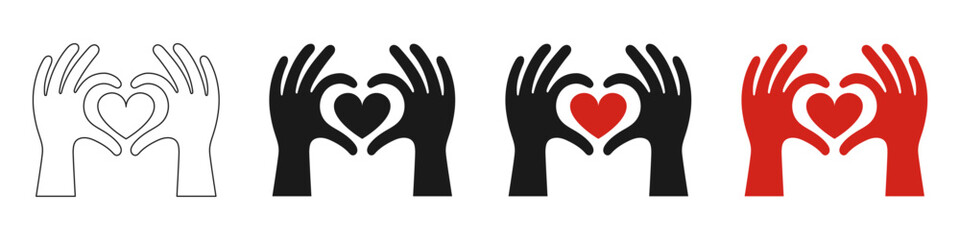 Red heart in hands. Icon set. Vector illustration.