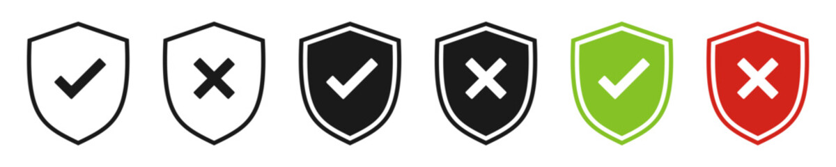 Shield with checkmark and cross. Internet protection symbol. Set of illustrations