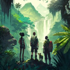 A group of friends looking a way in a tropical jungle, illustration - Generative AI - obrazy, fototapety, plakaty