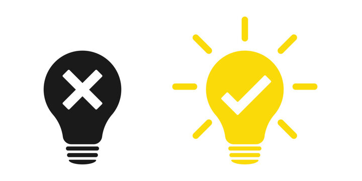 Bulb icon with check mark and cross. Illustration