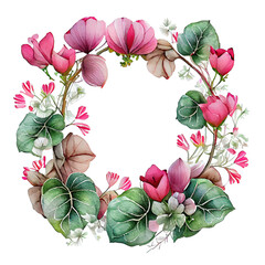 Fototapeta premium Wreath valentine with cyclamen . Transparent background. Generative AI