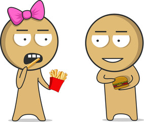 Girl eating french fries, boy holding a hamburger
