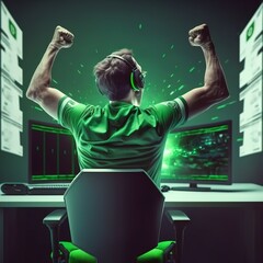 Professional eSports gamer rejoices in the victory in green blue illuminated game room, the winner, the joy of winning, generative AI,  - obrazy, fototapety, plakaty