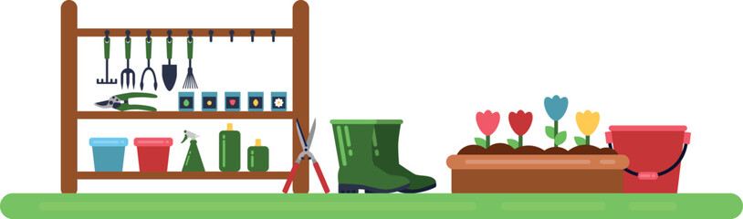 Gardening tool storage. Color farming equipment icons