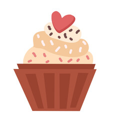 Valentine's day icon, vector, cartoon illustration. Vanilla flavored cupcake with chocolate sprinkles and heart-shaped chocolate on top. It can be used for social media, greeting cards, presentations