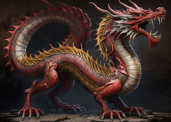 Red chinese dragon standup on the rock. realistic 3d illustration. (ai generated)