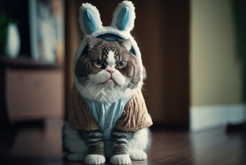 funny portrait of a cat with fake easter bunny ears, ai generated