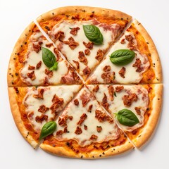 Delicious bacon pizza with basil and cheese on white background