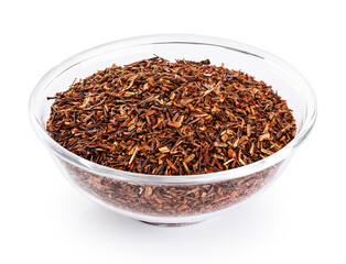Rooibos red tea in glass bowl isolated on white background. With clipping path.
