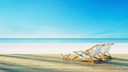 Beach lounge chair on white beach sunset sea view -3D rendering  - 567392481