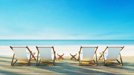Beach lounge chair on white beach sunset sea view - 

3D rendering 