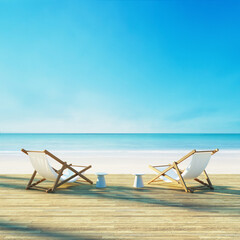 Beach lounge chair on white beach sunset sea view - 

3D rendering 