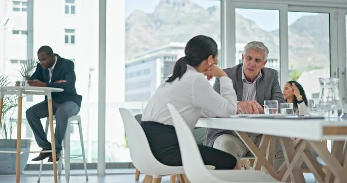 Interview, recruitment and corporate meeting of executive and business woman talking about a job or join us. Collaboration, CEO and professional people in discussion of hiring in an office