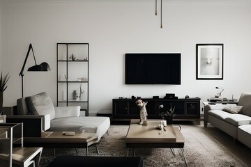 Fototapeta na wymiar Modern Living Room with Table and Hanging Flat Screen Television