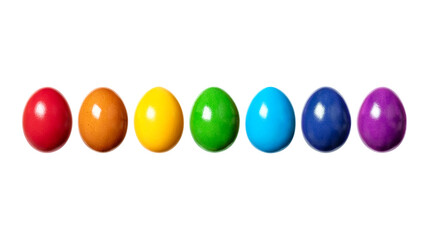 Rainbow, made of colorful dyed eggs, in a row. Hard boiled, multi colored chicken eggs, traditionally used during Easter time, as a gift, or for decoration. Front view close-up, isolated, macro photo.