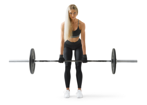 Muscular young woman doing squats with barbell. Confident young blonde woman doing workout in gym Powerful attractive woman