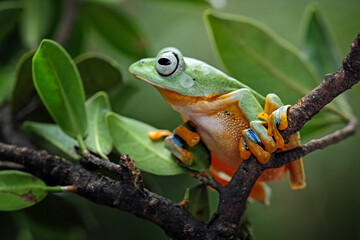 flying tree frog on branch, Javan tree frog Rhacophorus reinwardtii, animal closeup
