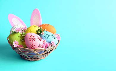Fototapeta na wymiar Multi colors Easter eggs in the basket with bunny ears and flowers on blue background. Pastel color Easter eggs.