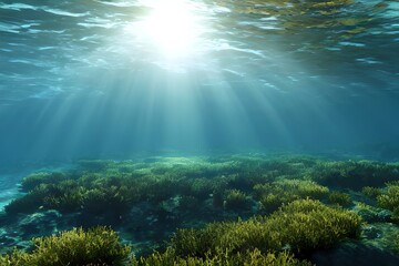 Fototapeta na wymiar Sun beams under water. Generative AI