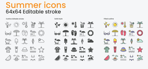 Summer icons set. 64x64 editable stroke - obrazy, fototapety, plakaty