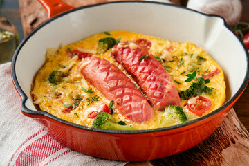 Omelette or frittata with two sausages, melted cheese, cherry tomatoes, broccoli and parsley on red skillet or iron pan on old wooden rustic table background. Healthy breakfast food concept. Top view