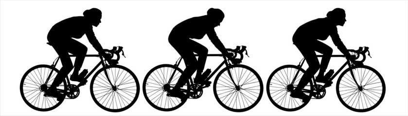 Cycling at the velodrome. Bike. Biker. A group of cyclists riding bicycles. Cycling. Woman, a girl with a bicycle. Side view, profile. Three black female silhouettes are isolated on a white background