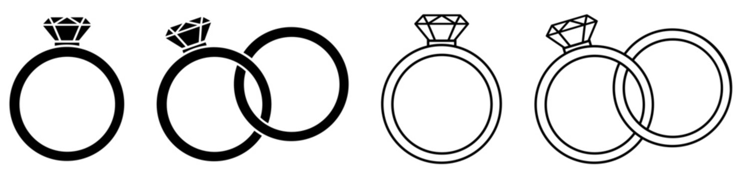 Wedding ring set icon. Silhouette and outline vector illustration isolated on white background. Jewelry and marriage vector image. Gemstone rings.