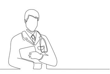 one line vector drawing of hospital doctor standing holding clipboard