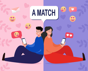 Male and female chatting on online dating app, it's a match Online dating and social networking, virtual relationships concept .