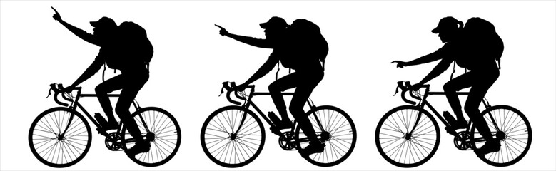 Fototapeta na wymiar A cyclist riding a bicycle in motion, shows his hand forward, in different directions. A group of cyclists riding bicycles with backpacks on their backs. Woman, a girl with a bike. Side view. Isolated