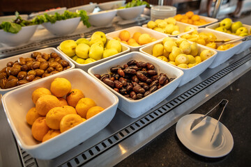 Fruits in plates on display in the dining room.